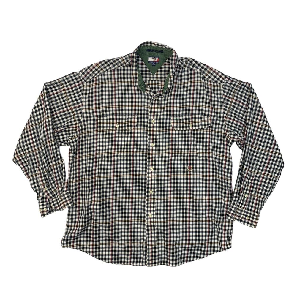 Vintage Tommy Hilfiger Shirt Mens XL Black White Cotton Gingham Check Flannel